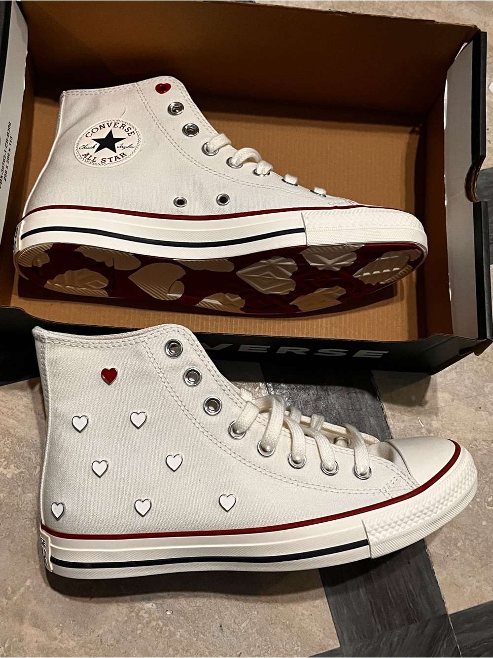 Converse White High Top Sneakers with Red Accent hearts New